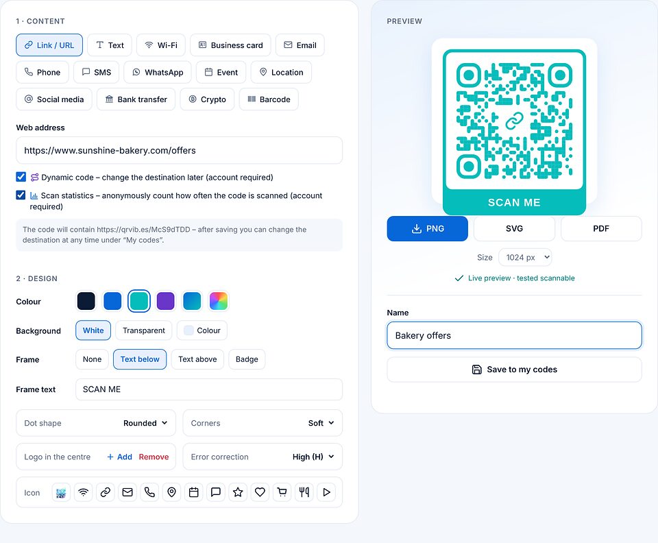 Página Crear con las opciones código dinámico y estadísticas de escaneo marcadas; un aviso muestra el enlace corto que contiene el código.