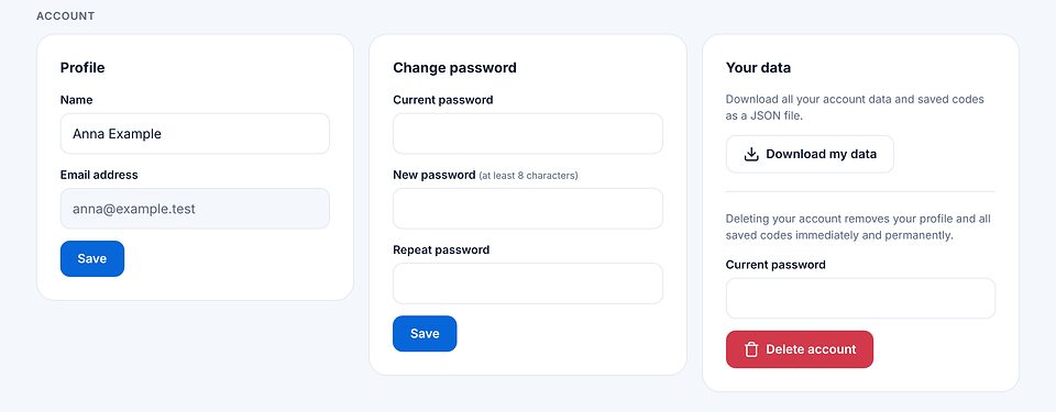 Sección de la cuenta con perfil, cambiar contraseña y tus datos con descargar mis datos y eliminar cuenta.