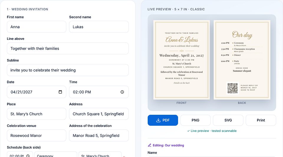 Plantilla de invitación de boda: a la izquierda campos para nombres, fecha, hora y lugares; a la derecha la vista previa en directo del anverso y el reverso con código QR.